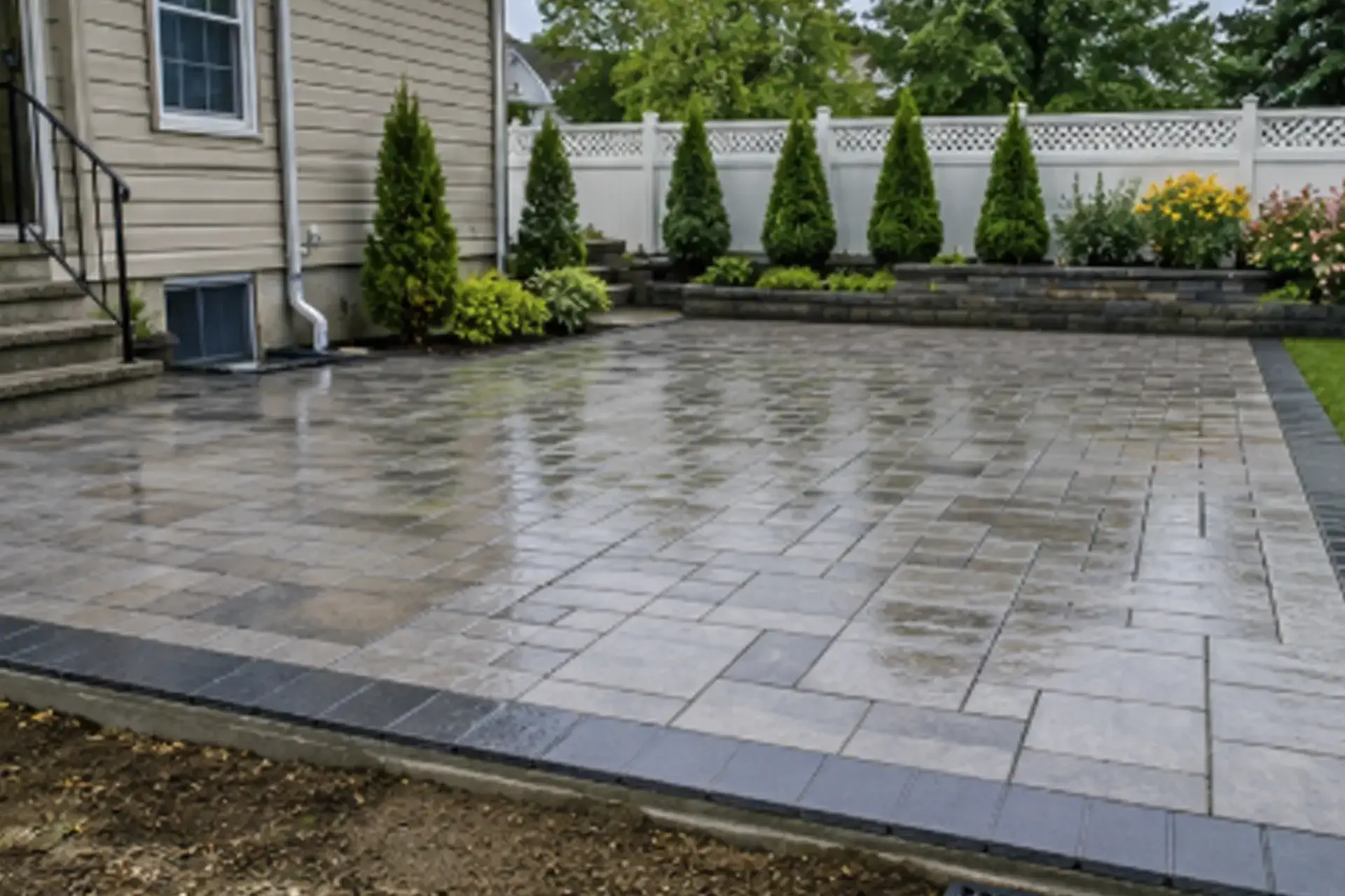 finished-basement-waterproofing-and-patio-reconstruction-featured Basement waterproofing and patio reconstruction project in Queens NY featuring French drain installation, sump pump system, mold remediation, and drainage improvements.