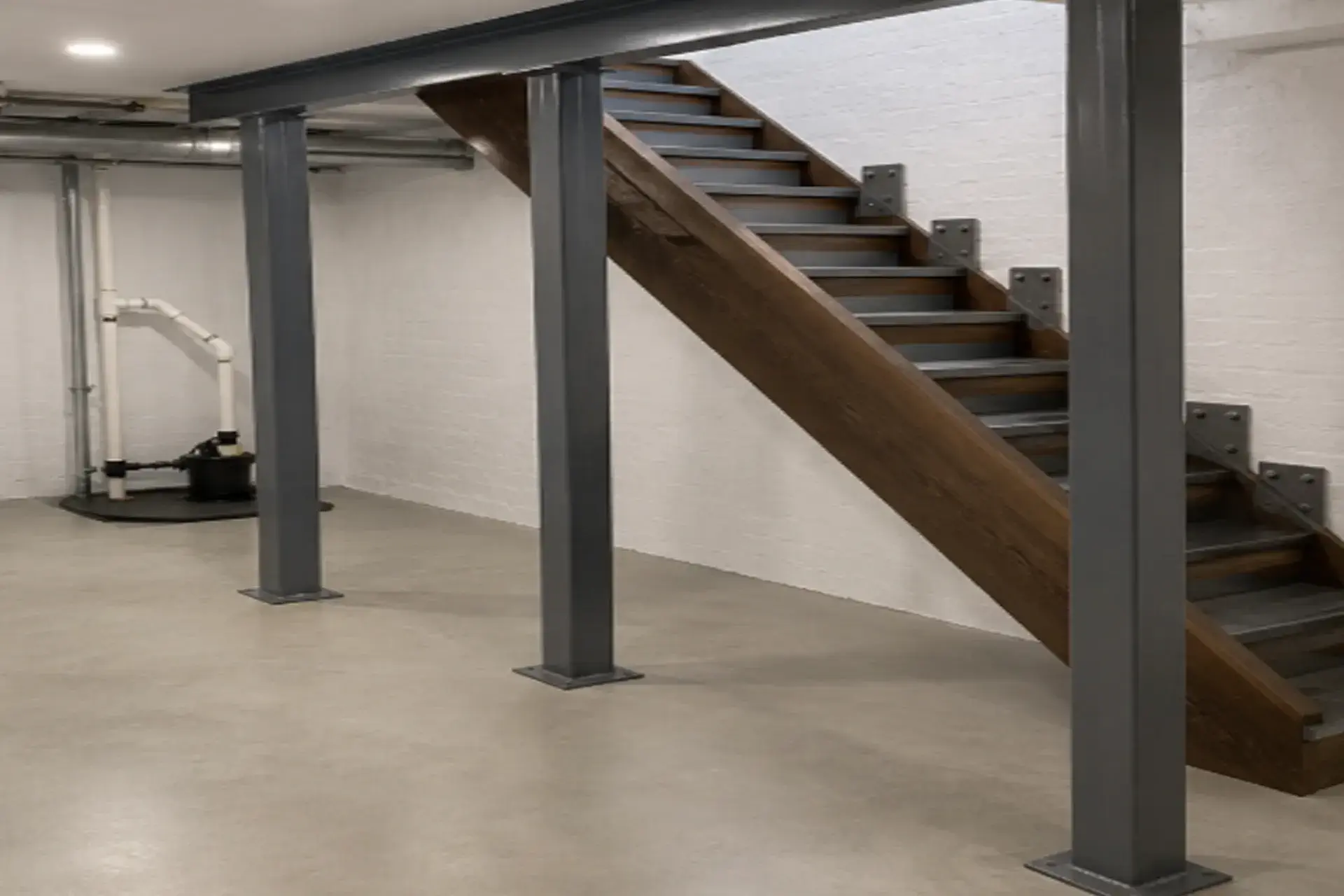 finished-basement-with-reinforced-staircase-support-after Reinforced basement staircase with new steel support columns and interior French drain system installed along foundation wall in Brooklyn NY home.