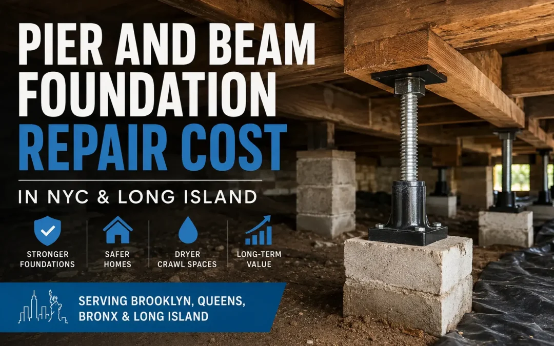 Hero image showing Pier and Beam Foundation Repair Cost in NYC & Long Island with a crawl space showing piers and beams installed.