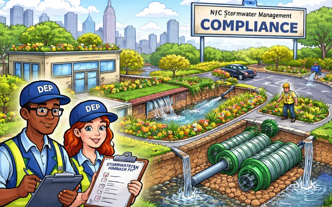 Image showing stormwater management compliance by two compliance officers in their vests and clipboards. With the background showing the New York skyline.