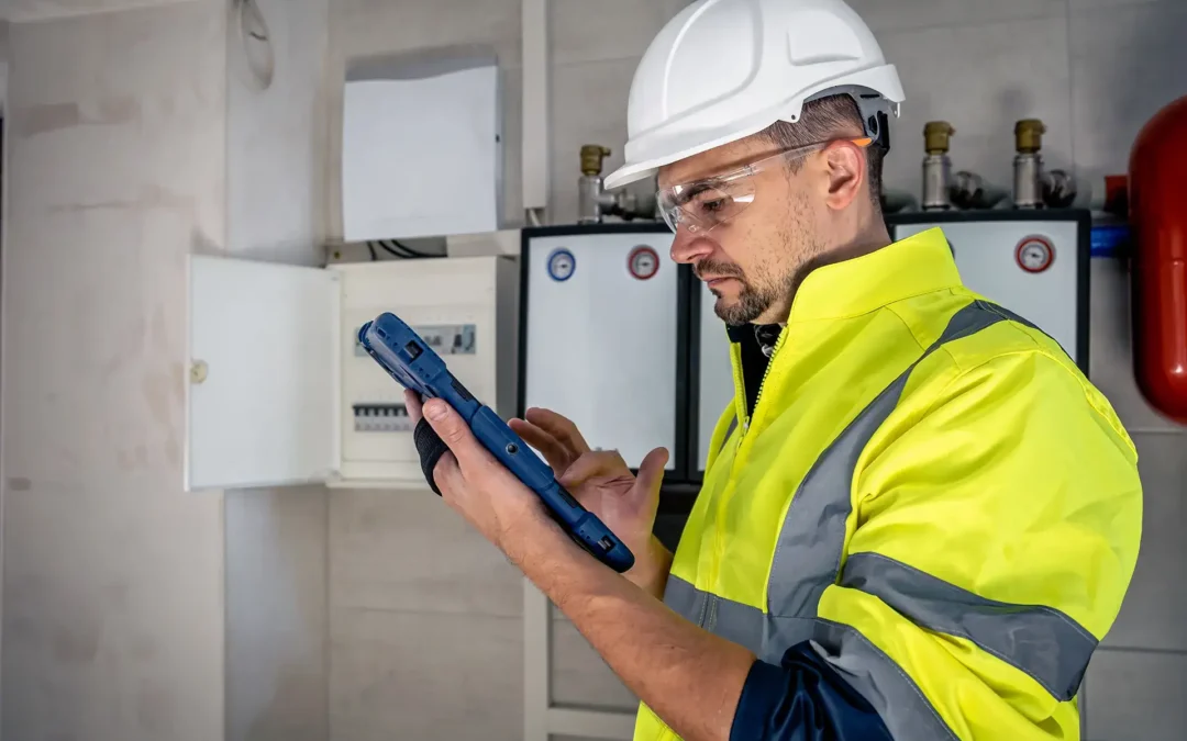 A contractor in a hard hat and reflective safety vest testing the air quality indoors in a Brooklyn, NY residential area and checking the readings on a tablet.