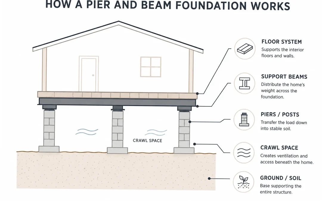 A labelled diagram of a pier and beam foundation showing how they work together to sustain a structure.