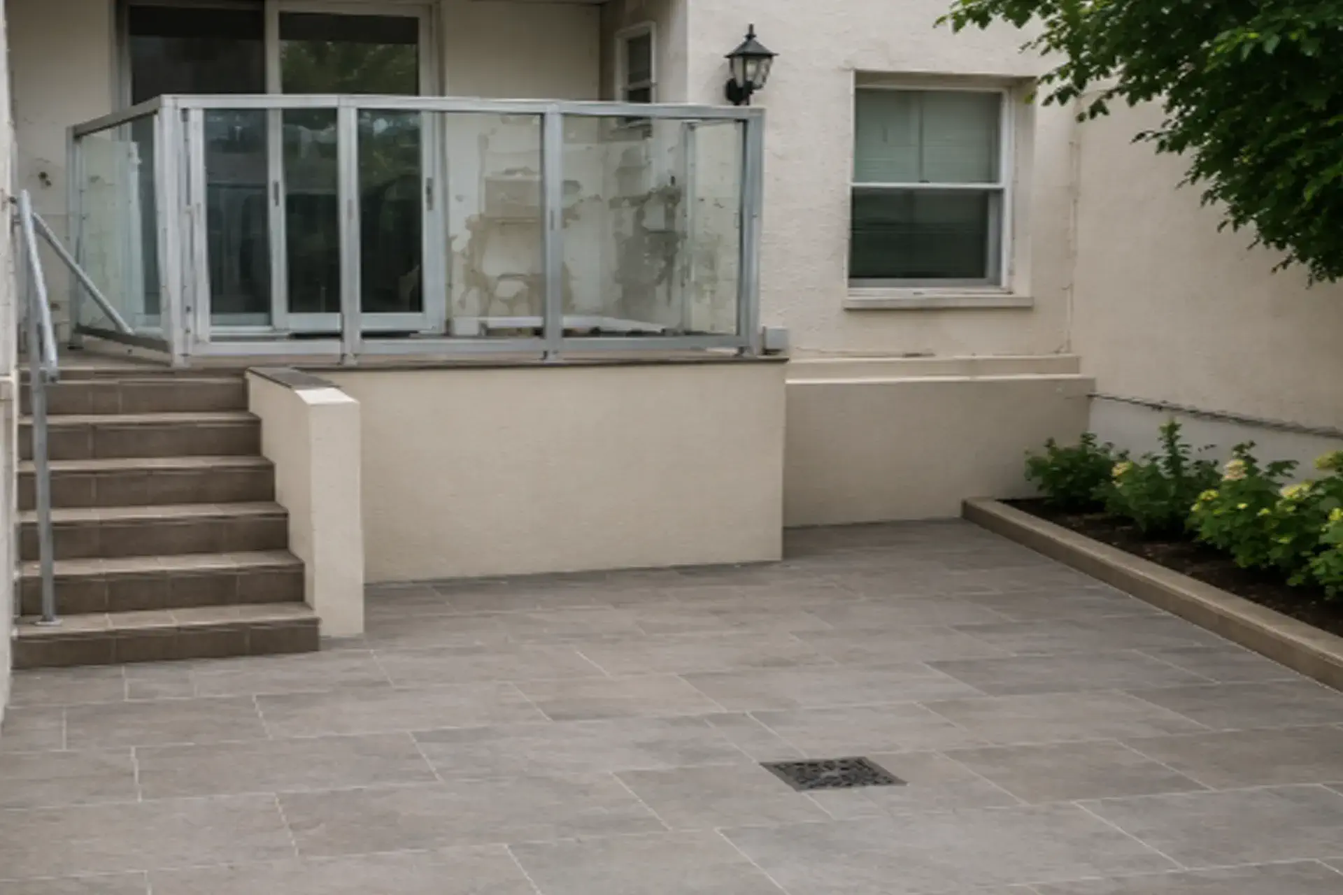 newly-reconstructed-backyard-patio-and-waterproofed-tile-after Reconstructed backyard patio and waterproofed tile deck in Brooklyn NY with improved drainage and restored exterior waterproofing.