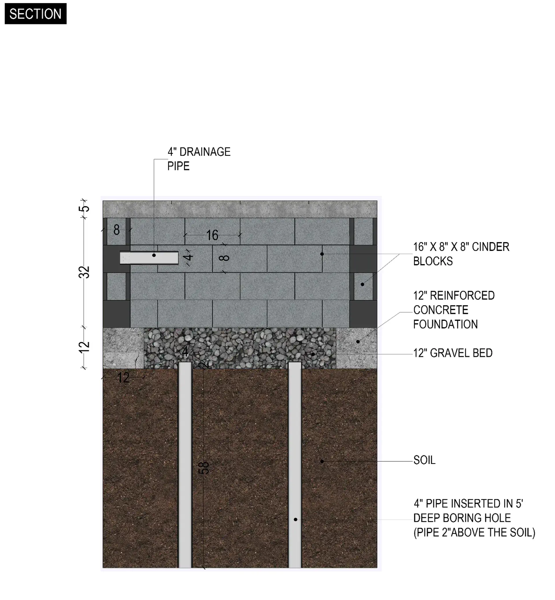 Slab plan of the drainage installation of the dry well in Long Island, NY