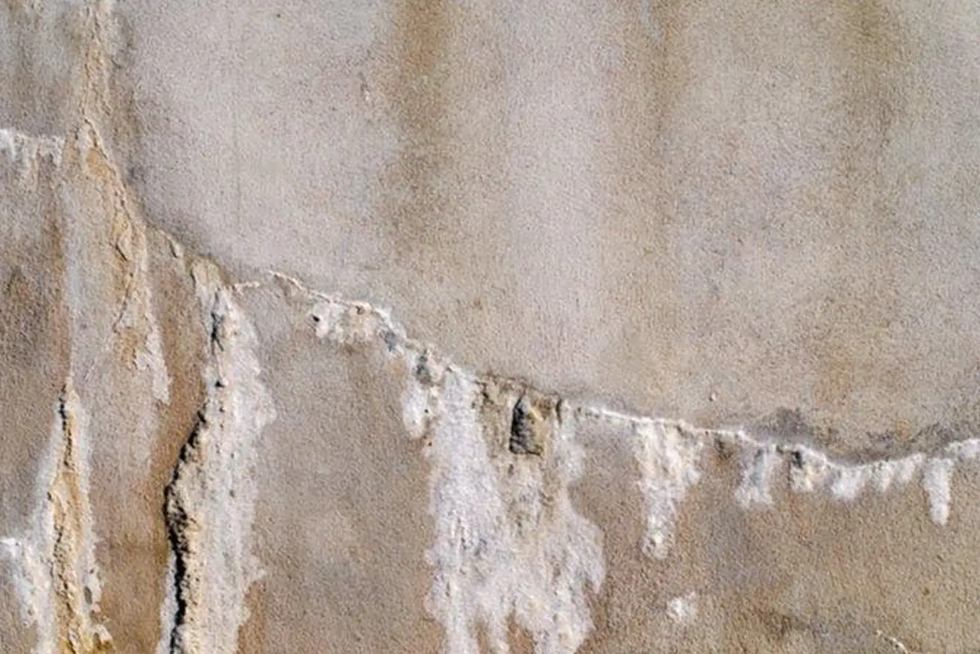 Water seepage combined with efflorescence from the structural foundation damage in the wall in South Setauket, NY 
