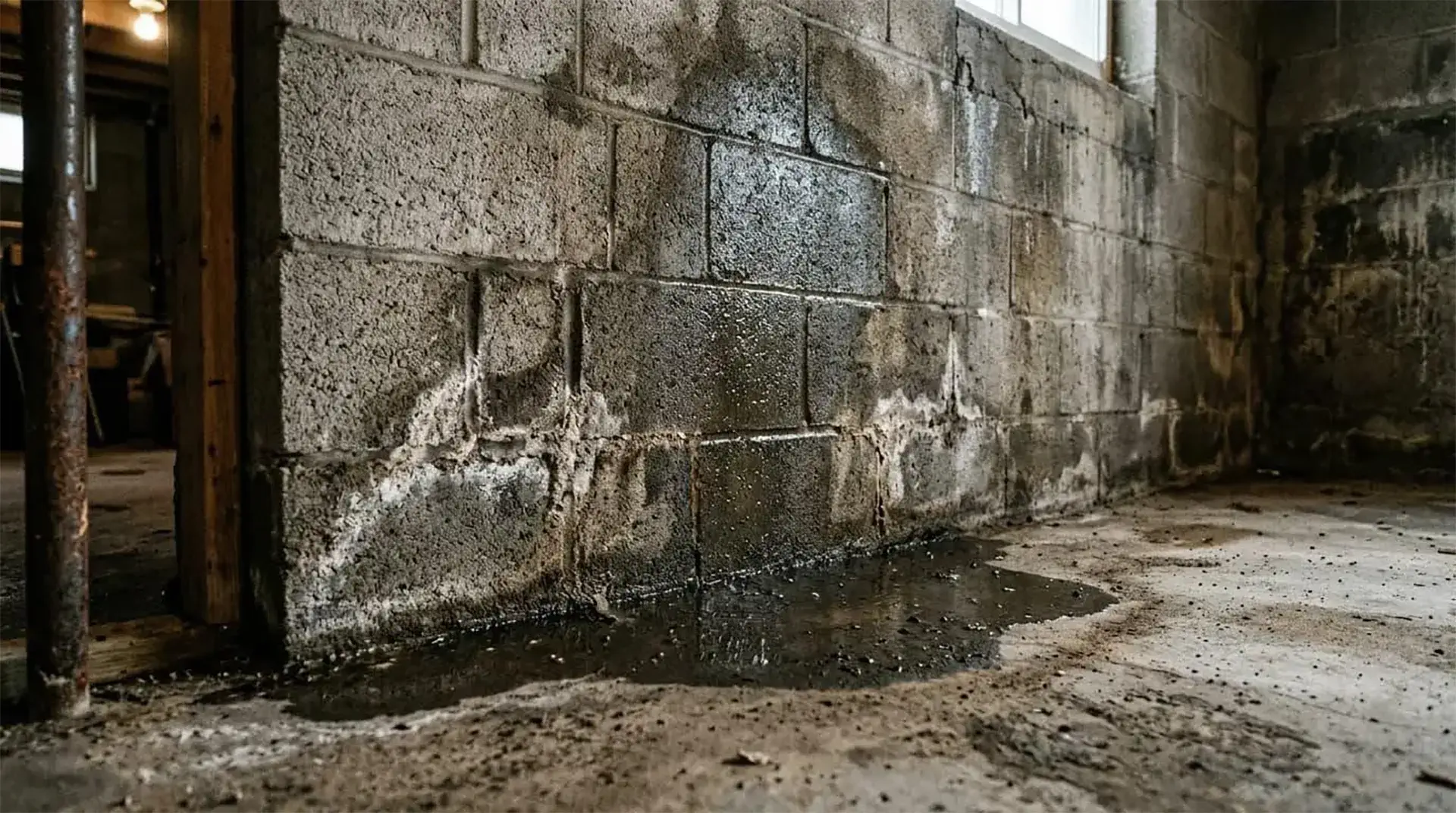 Water seepage from the structural foundation damage in the wall in Long Island, NY 