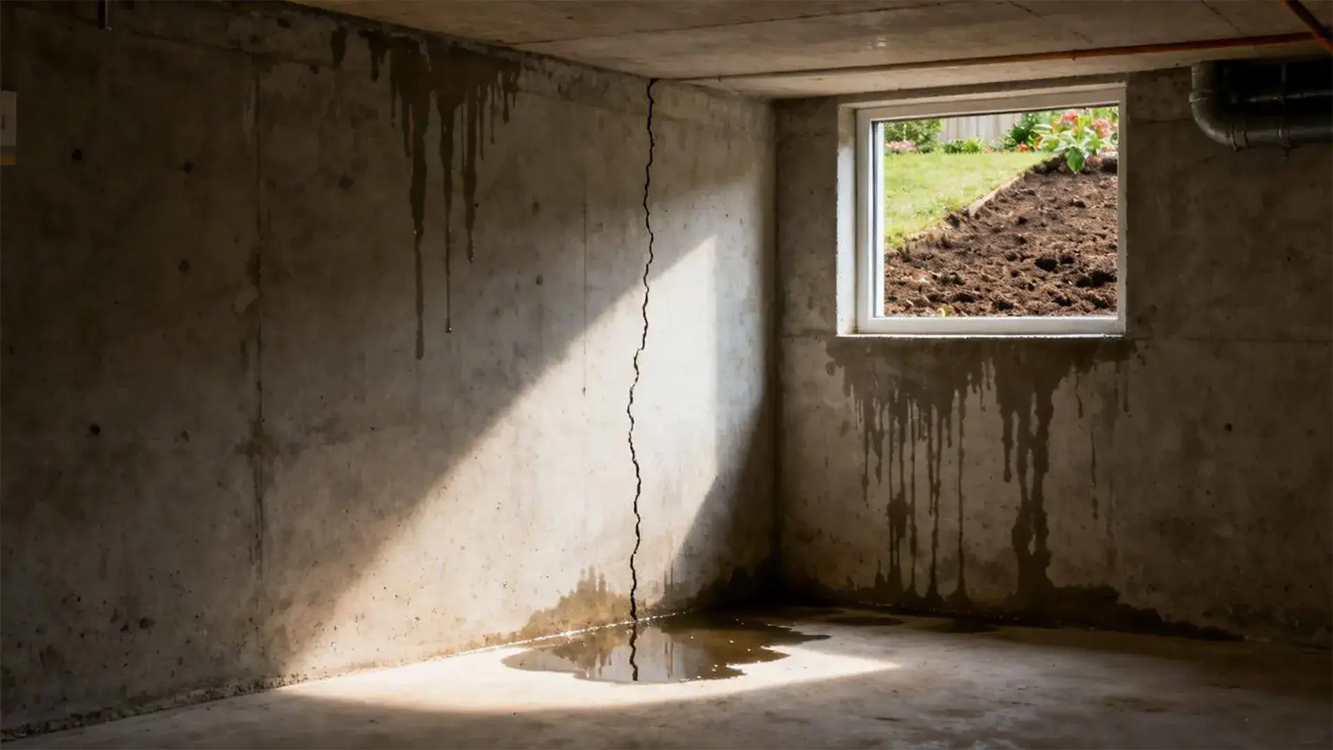 Water seepage from the structural foundation damage in the wall in Queens, NY