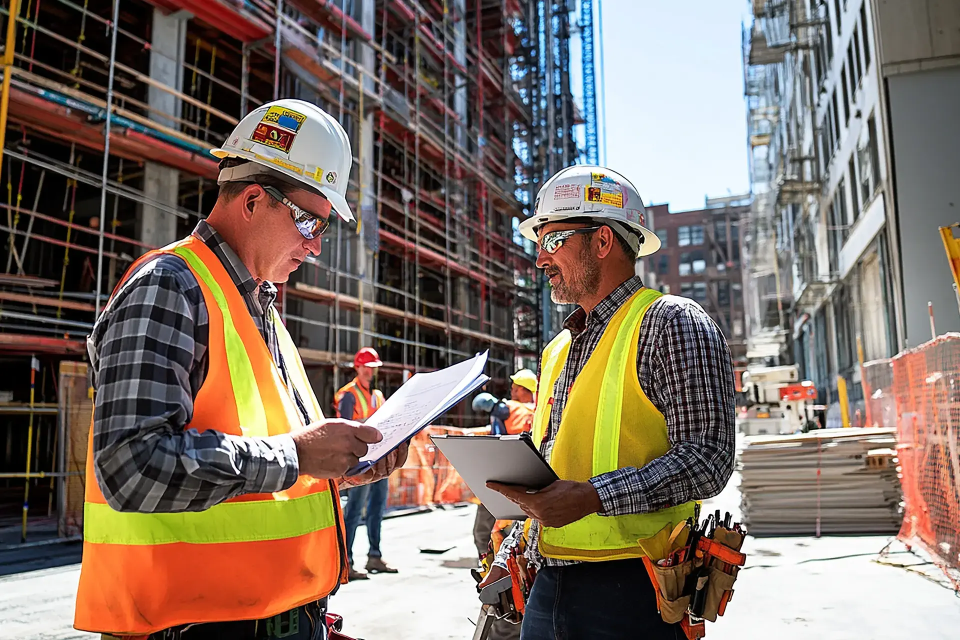 A contractor and engineer of Zavza Seal inspecting a commercial building where EIFS insulation will be installed after complete construction work in Queens, NY