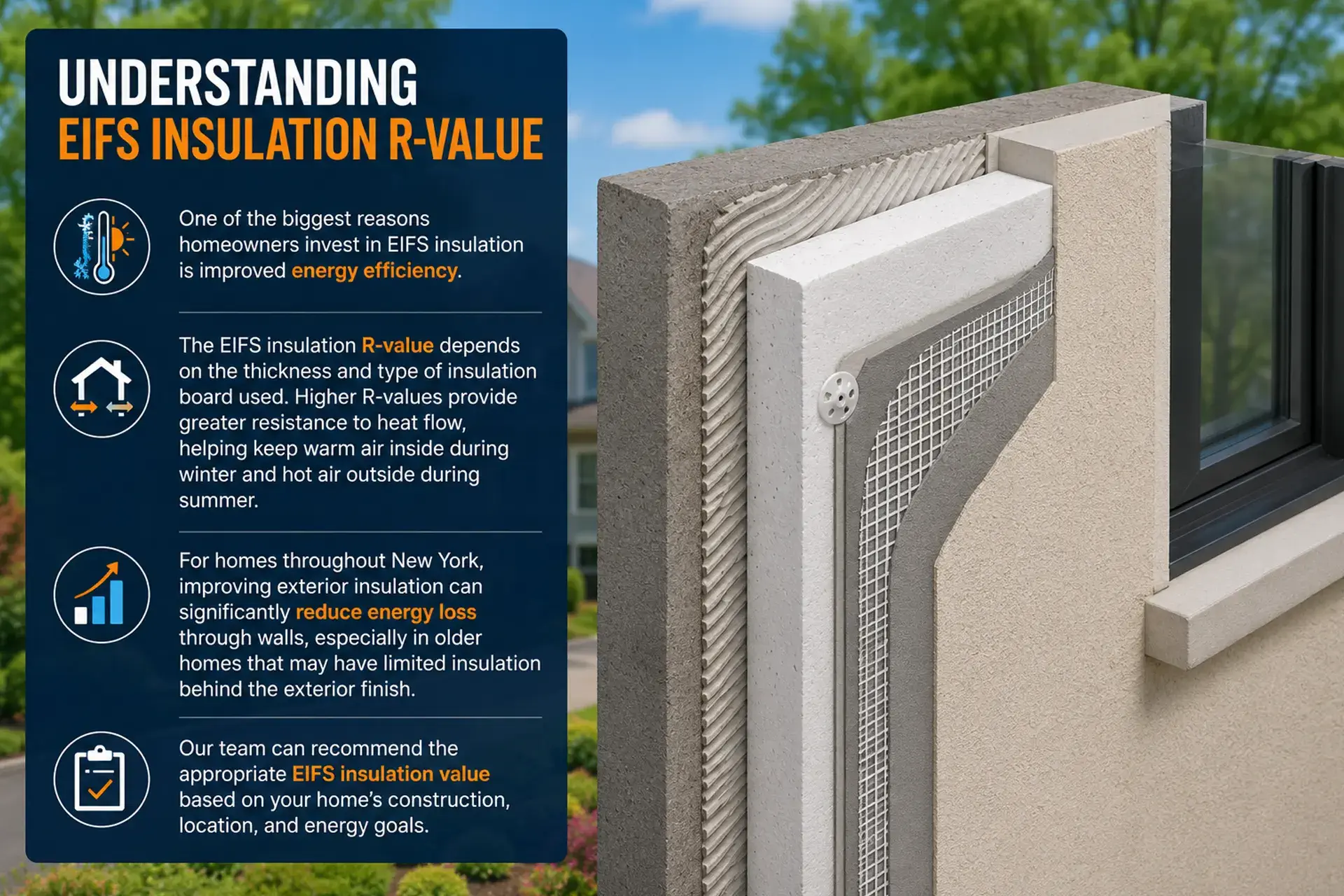 EIFS Insulation installation R-value factors for homes in Long Island, Brooklynm Queens and the Bronx. 