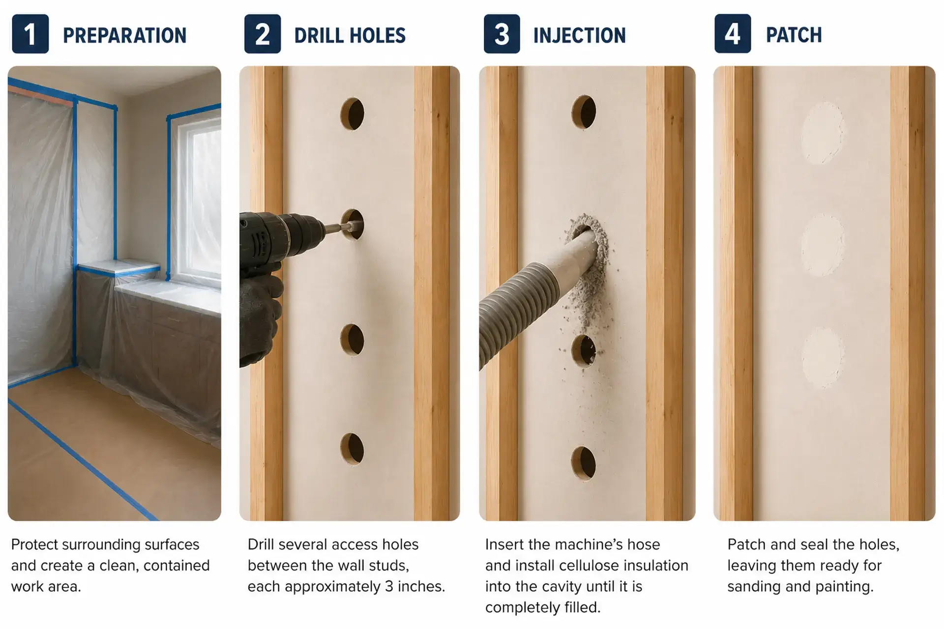 The four-step process of cellulose insulation installation by Zavza Seal. 
