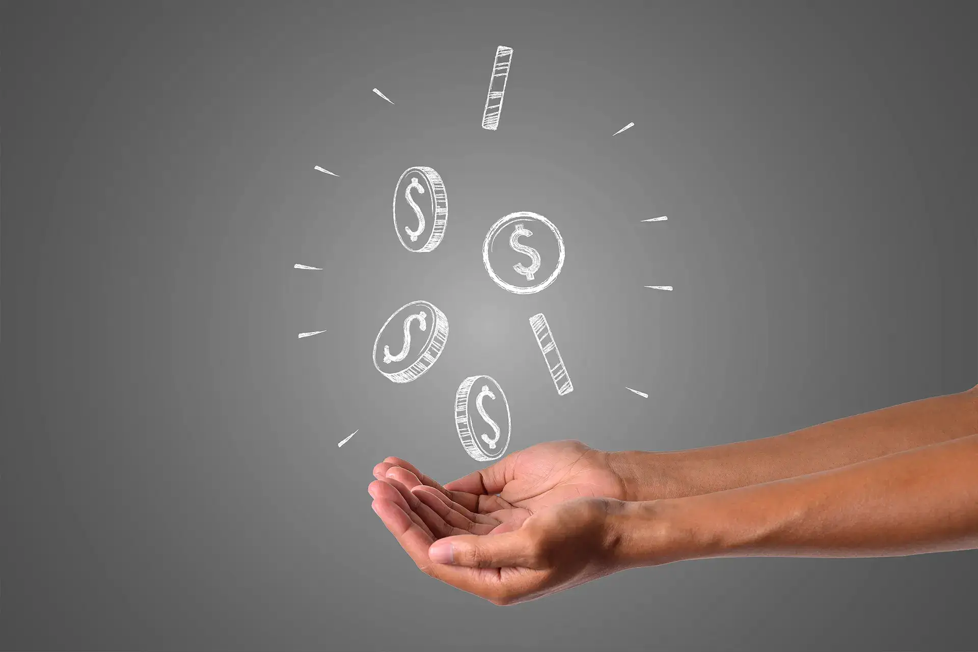 A handling holding icons of coins that are hovering above his hand, made from chalk, depicting the concept of EIFS insulation cost<br />
