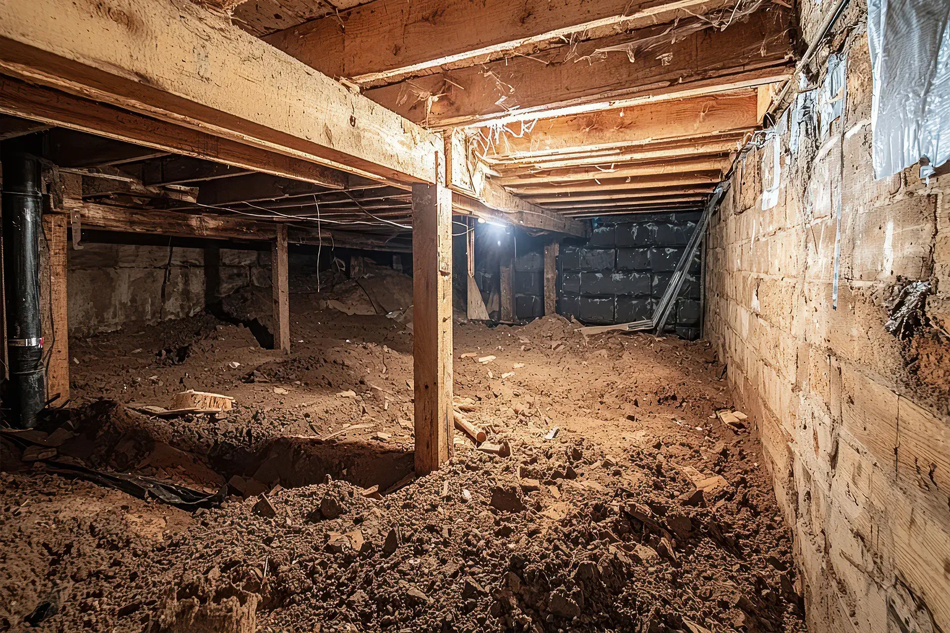 unencapsulated-crawl-space-in-a-brownstone An unencapsulated crawl space in a brownstone home in Brooklyn, NY, with lots of moisture issues giving way to water damage, cracks, pests and cold drafts.