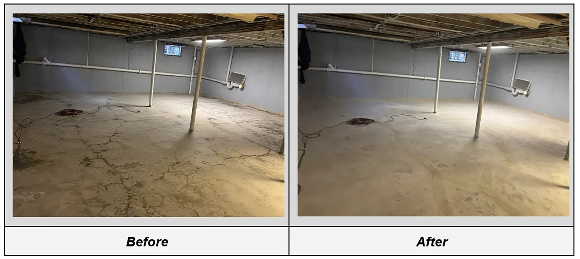 A before and after image of basement floor sealing with radon gas reduction in Northport, NY
