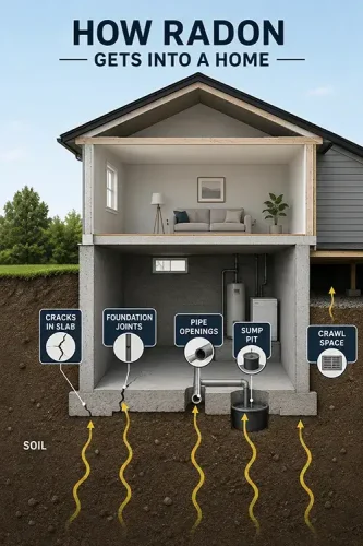 Infographic showing where the radon gas leaks from