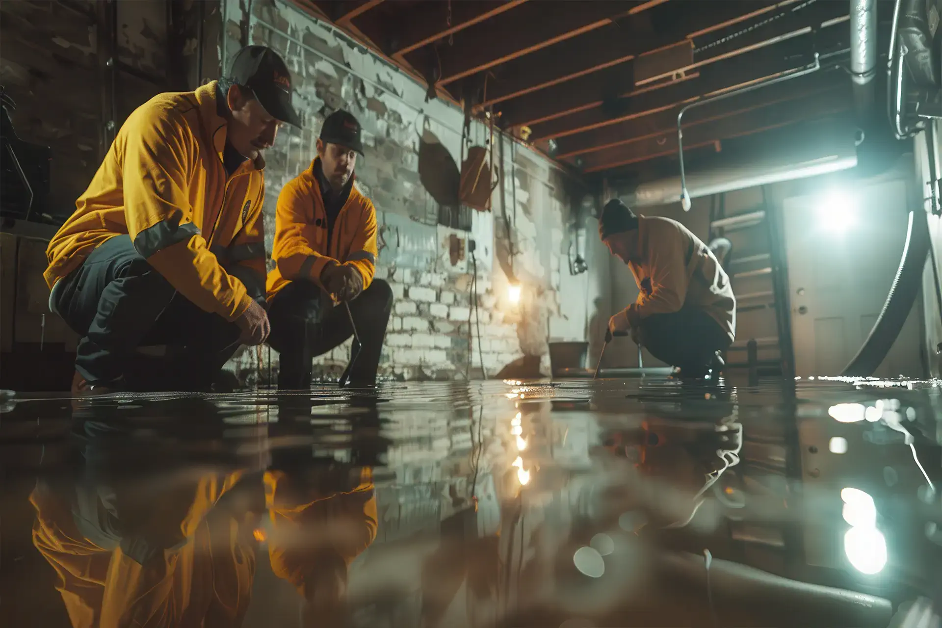 sudden-water-damage-vs-long-term-seepage An insurance adjuster and Zavza Seal water damage experts inspecting the wate damage in the property.