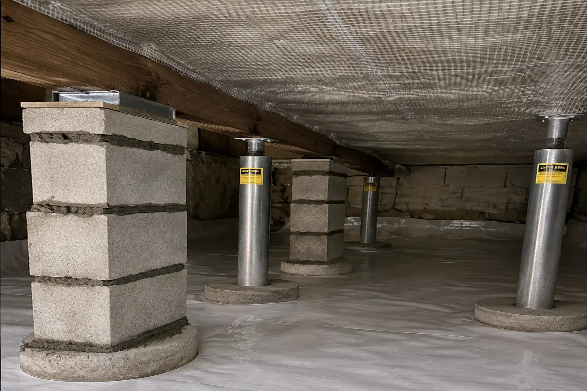 crawl-space-structural-support-repair-wading-river-ny-featured Crawl space structural support repair with steel lally columns in Wading River NY